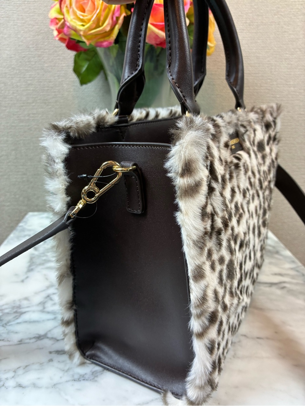 Karl Lagerfeld Snow Leopard Faux Fur & Brown Leather Satchel Bag - NWOT - Picture 3 of 9